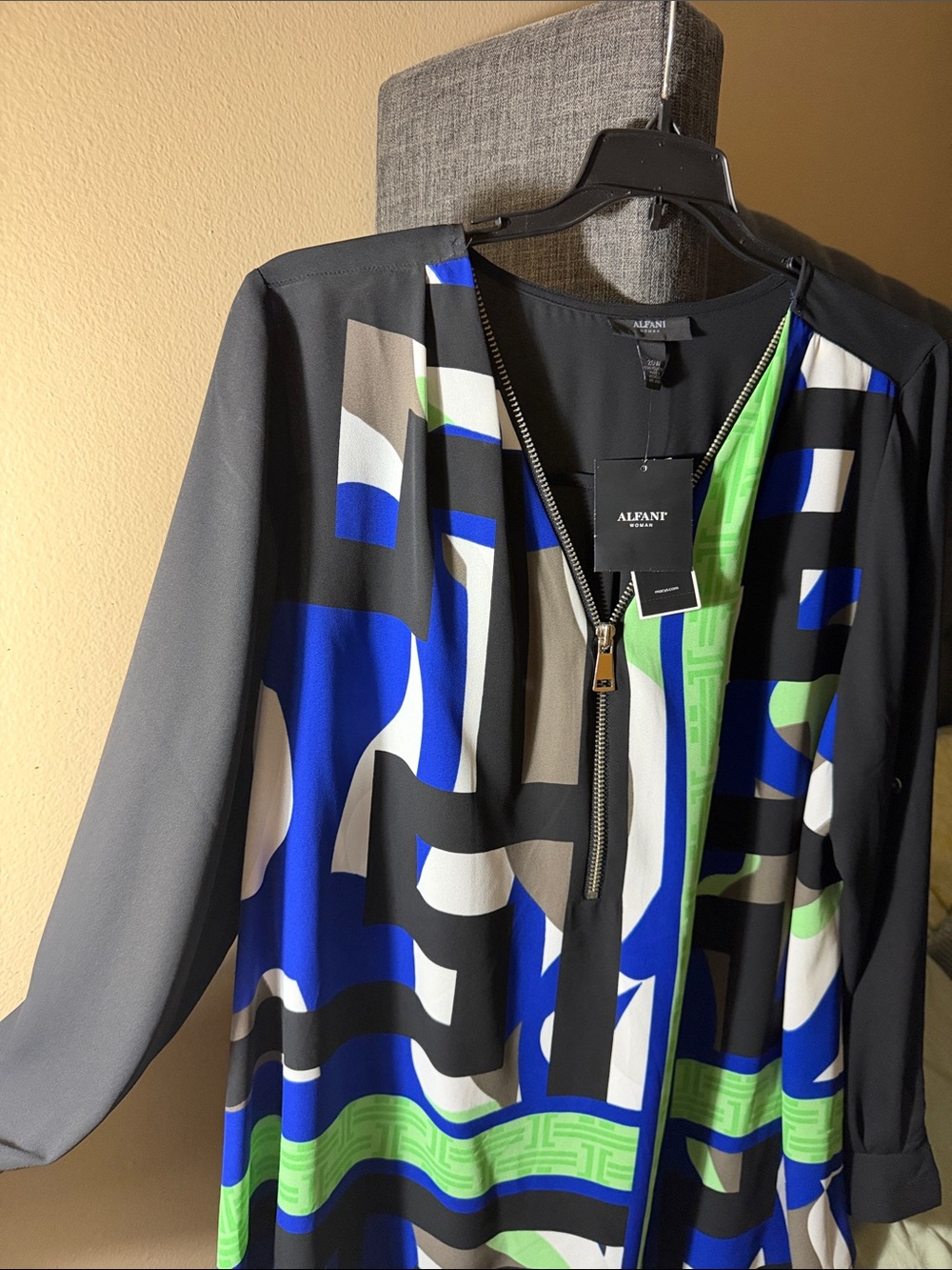 Alfani Black Jacket with Blue & Green Geometric Print